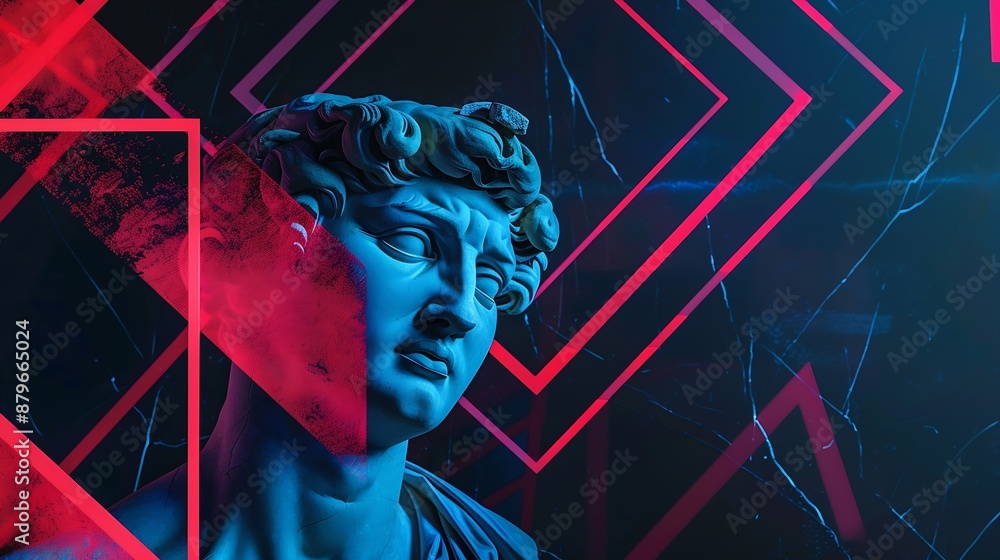 Poster contemporary art collage with plaster head and bust of ancient statue isolated on dark fluid geometr