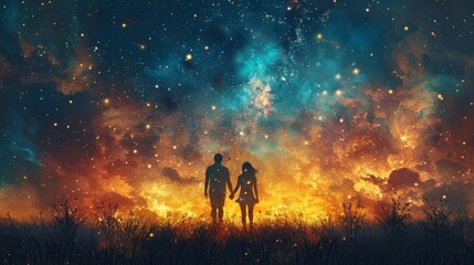 Fototapeta premium Artistic depiction of a couple holding hands under a vibrant starry night sky symbolizing love and cosmic beauty