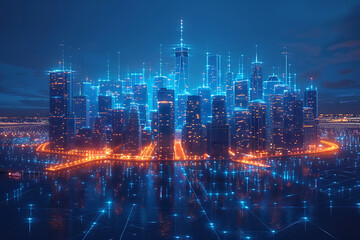 Obraz premium A futuristic city skyline depicted in a wireframe silhouette style on a dark blue background, symbolizing advanced technology and urban sophistication.