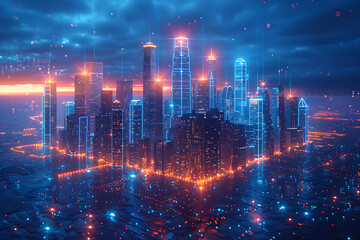 Obraz premium A futuristic city skyline depicted in a wireframe silhouette style on a dark blue background, symbolizing advanced technology and urban sophistication.