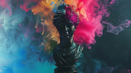 Contemporary art collage with antique black colored statue bust with neon drawings Surreal style Colorful splashes Postmodernism Concept of sculpture artwork creativity party : Generative AI