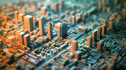 Obraz premium Conceptual urban development map, side view, showing city planning strategies, digital tone, analogous color scheme