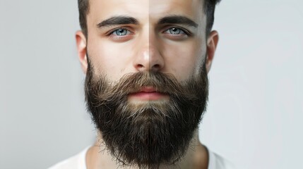 Obraz premium Half shaved Handsome young man with half shaved face Man with a beard on half of the face Beard shave before after Long beard hair style hair man before after visiting barbershop compa : Generative AI