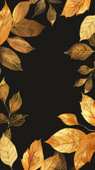 Golden autumn leaves on a black background with space to copy