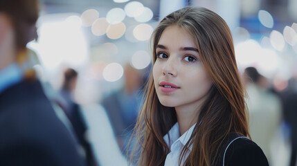 Fototapeta premium Businesswoman interacting with clients at a trade show, highly professional photo picture featuring engaging background and fine details, businesswoman, with copy space