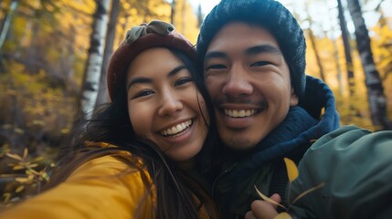 Park selfie and couple hug in nature with love fun and bonding on travel date or anniversary outdoor Support portrait and happy people embrace in forest with trust care and gratitude i : Generative AI