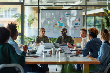 Team of diverse businesspeople are having a brainstorming meeting, sitting around a table and working on laptops - Powered by Adobe