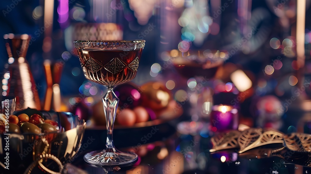 Poster cocktails in art deco style elegant party with drink and some bit : generative ai