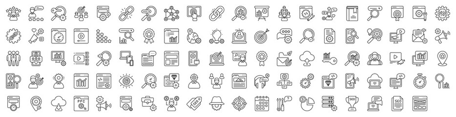 SEO and SEM icon set Containing Backlinks, Customer, Target, Web Development, Customer Review, Team, Organic Search and Search Engine icons illustration.	
