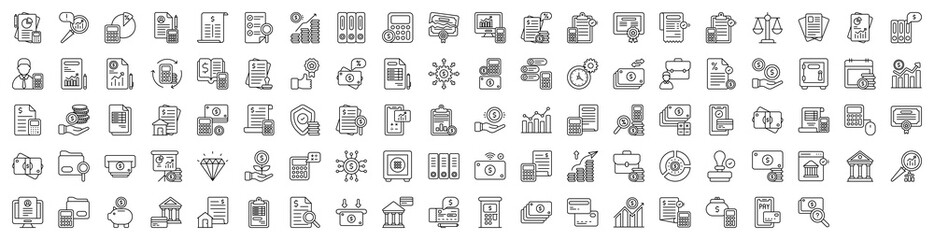 Accounting icon set Containing Bookkeeping, Risk Management, Percentage, Payroll, Audit, Balance Sheet, Revenue, Bookkeeping, Dissolution, Legal Service, Budget icons illustration.	
