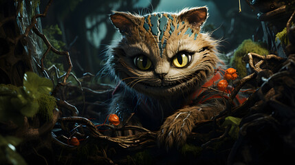 A sly, grinning Cheshire Cat with glowing yellow eyes peers out from a tangle of branches in a dark and mysterious forest.