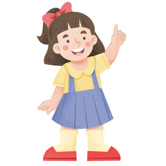 Cute little girl standing and pointing hand up cartoon illustration