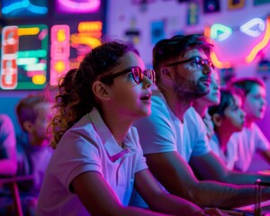 A group of people are watching a video on a screen. A girl is looking at the screen with her eyes wide open