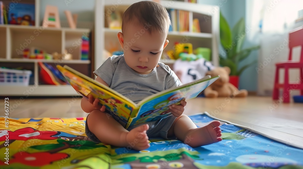 Poster infant sitting on a playmat and reading a coloful childrens book toddler boy enjoying a book at nurs