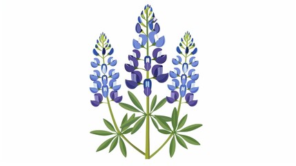 This image shows a trio of blooming lupine flowers with stunning purple and blue petals, each complemented by lush green leaves, all rendered in a stylized artistic way.