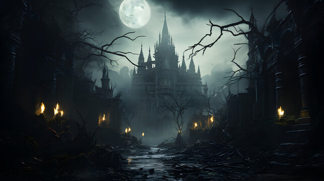 A dark and stormy night, the full moon hangs heavy in the sky, illuminating a castle ruin. The path is overgrown, lit by torches, and a sense of dread pervades.