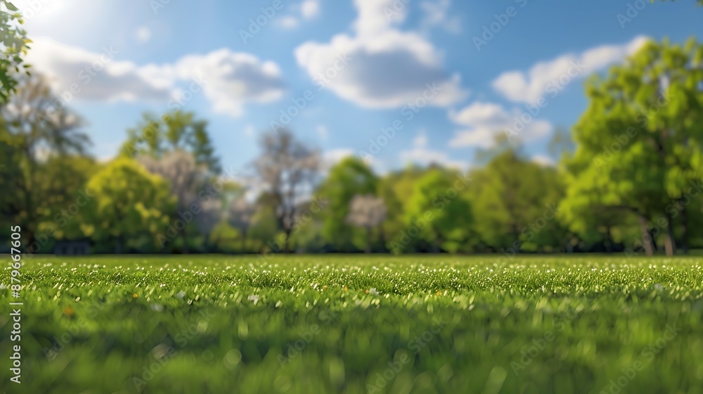 Aufkleber Beautiful blurred background image of spring nature with a neatly trimmed lawn surrounded by trees against a blue sky with clouds on a bright sunny day : Generative AI