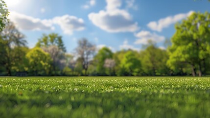 Beautiful blurred background image of spring nature with a neatly trimmed lawn surrounded by trees against a blue sky with clouds on a bright sunny day : Generative AI