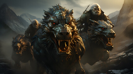 A fierce pack of mythical dragon-wolve creatures charge across a mountainous, volcanic landscape, their yeti riders holding tight to their spiky backs.