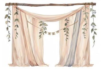 A flowy, bohemian-inspired curtain with a relaxed vibe, featuring a 'lazy day' banner hanging effortlessly. Perfect for a cozy morning atmosphere.