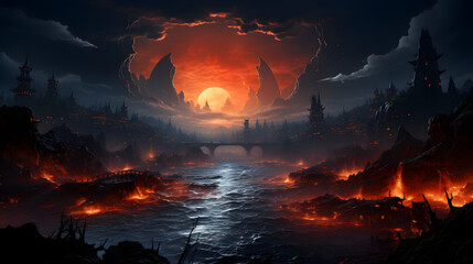 A burning hellscape of a city with lava flowing through the streets. Ancient gothic architecture and a bridge spans the lava river, while a giant red moon hangs in the sky.