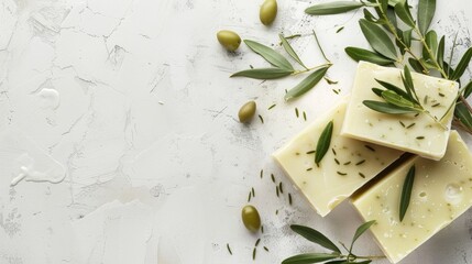 Handmade olive oil soap bars with organic ingredients for skincare Background for text
