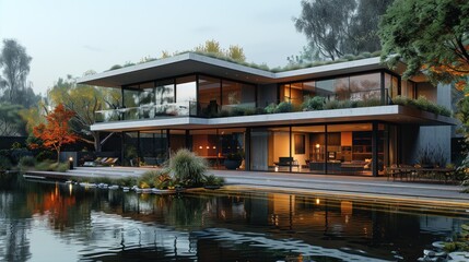 Obraz premium Modern House with a Pond and a Green Roof