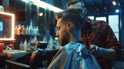 Obraz premium Young man cutting hair at barbershop barber at work dryer : Generative AI