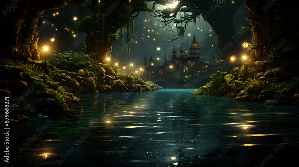 Poster a mystical castle rests beside a gently flowing river, bathed in the ethereal glow of lanterns strun