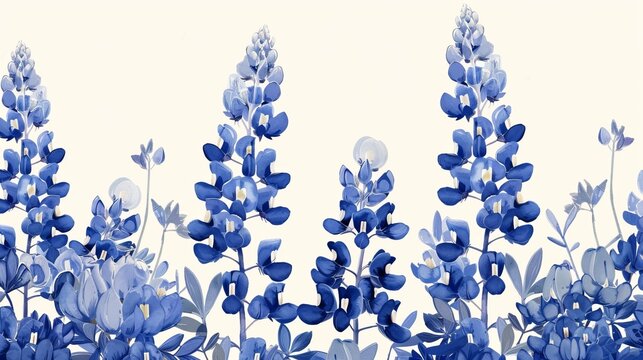 This image features a row of stylized bluebonnet flowers depicted in a minimalist art style, set against a clean, white background that emphasizes their vibrant blue color.