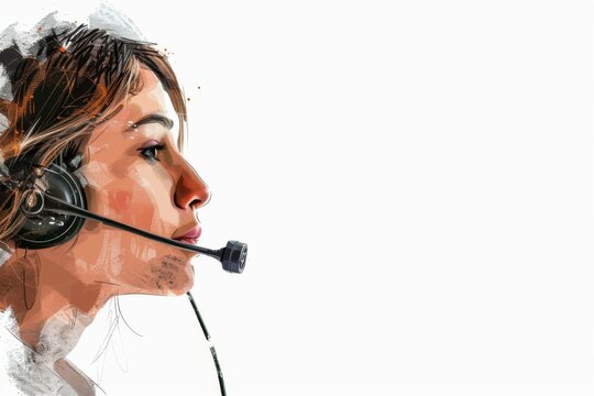 A woman wearing a headset with a microphone, focused on her conversation. She appears professional and attentive, ready to assist customers.