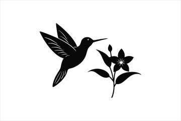 a minimalist Hummingbird Hovering Near Flowers silhouette black vector art illustration 