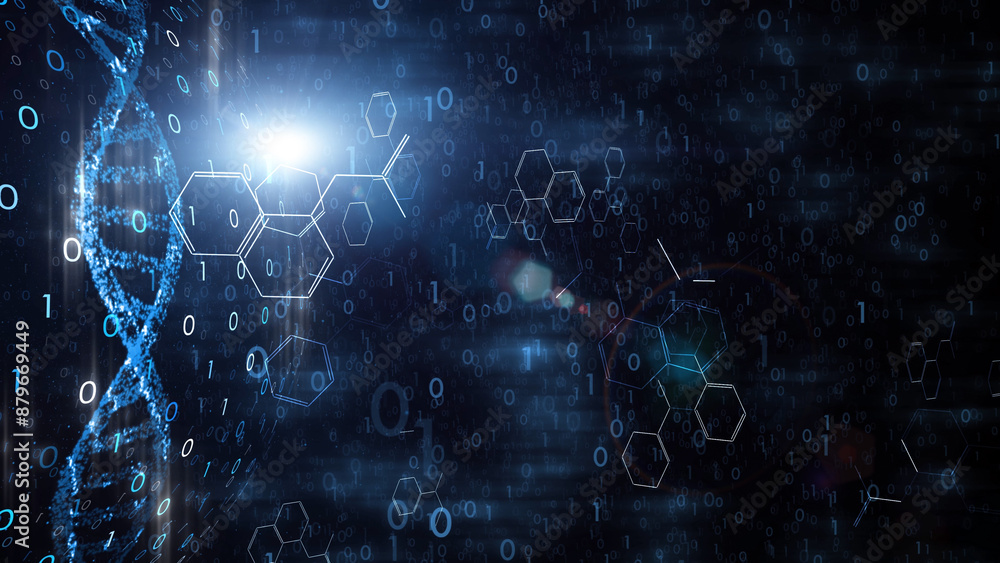 Poster modern shining abstract chemical molecules with dna chain and binary numbers code illustration copy 