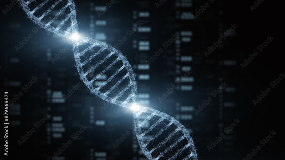 Poster abstract digital rotating dna molecule on futuristic background with blurry data illustration.