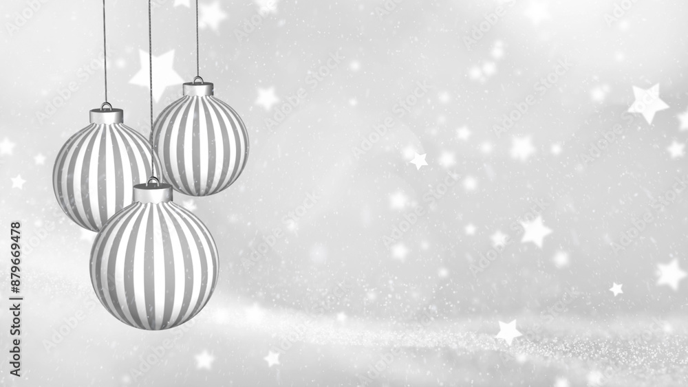 Poster silver white christmas baubles with line pattern swing on a string with dots and stars bokeh and sno