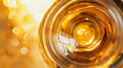 Close-up view of a translucent amber liquid in a glass container with a warm, golden background creating a glowing, inviting atmosphere.