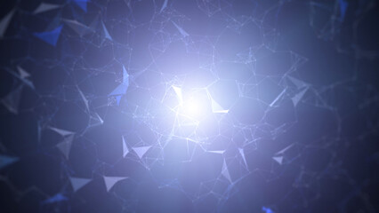 Illustrated technology based shapes, connected white lines and blurry dots on a dark blue background.	
