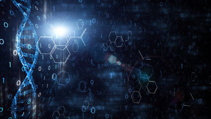 Modern shining abstract chemical molecules with dna chain and binary numbers code illustration copy space blue background	
