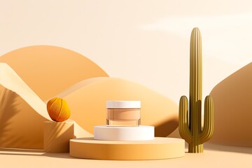Desert-inspired beauty product display with minimalist design featuring a cactus, orange ball, and makeup container under warm tones.