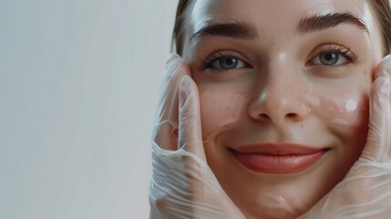 Closeup of a beautiful young woman with a healthy smile looking at the camera with smooth skin on her face hands in medical gloves touch her face Beauty skin care concept : Generative AI