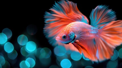 Fototapeta premium A vibrant orange and blue Siamese fighting fish swims against a bokeh background.