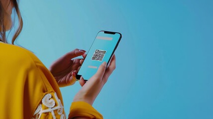 Mobile phone scanning qr code in female hand on blue color background Trendy creative collage in magazine urban style Contemporary art Modern design Cashless payment by QR code electro : Generative AI
