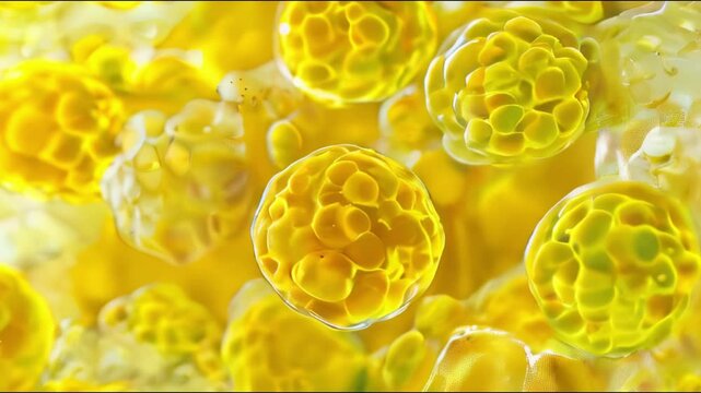Adipocytes, also known as lipocytes and fat cells, are the cells that primarily compose adipose tissue, close-up view of cells.
