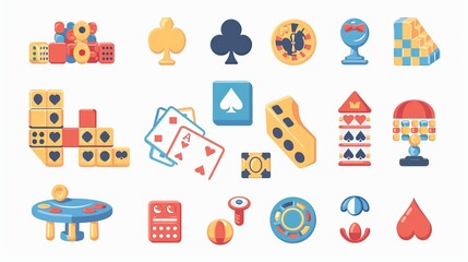 A vibrant composition of various colorful game symbols and elements, including cards, dice, and tokens, showcasing the playful and diverse nature of board and card games.