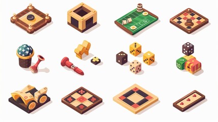 A diverse collection of 3D isometric board games and related gaming items, depicting various classic and modern gaming elements, perfect for stock imagery purposes.