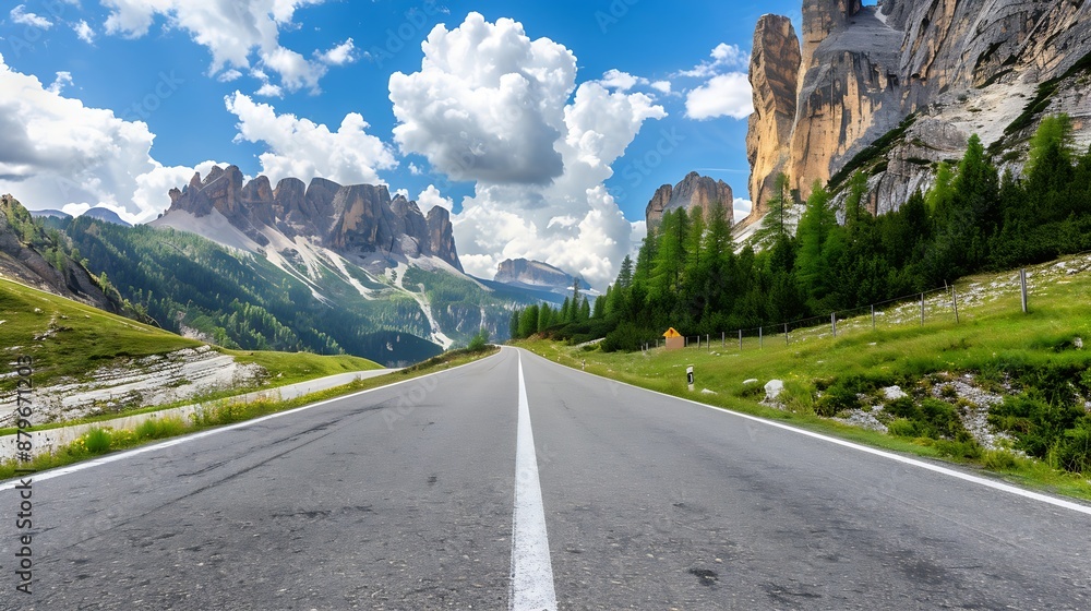 Aufkleber road in mountains at sunny day in summer dolomites italy beautiful roadway green tress high rocks bl