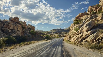 A road surrounded by rocks and hills on a sunny day : Generative AI