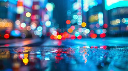 A vibrant city street at night depicted with a beautiful bokeh light effect, highlighting the colorful and dynamic atmosphere commonly experienced in bustling urban areas.