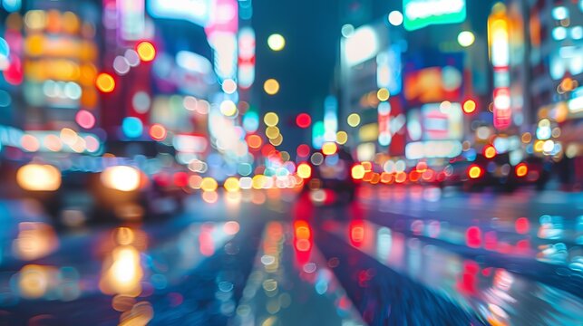 The image shows an urban street bustling with blurred traffic lights and cars on a rainy night, capturing the vibrant energy and chaotic beauty of a modern city in motion.