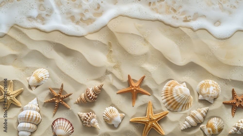 Poster Top view of a sandy beach texture with imprints of exotic seashells and starfish as natural textured background : Generative AI